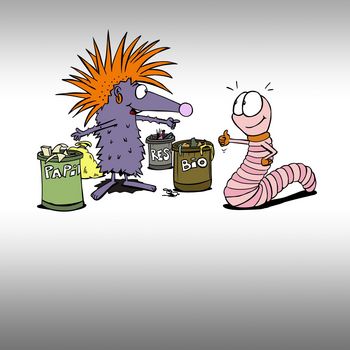 Comicfiguren Igel und Wurm mit Abfallbehältern