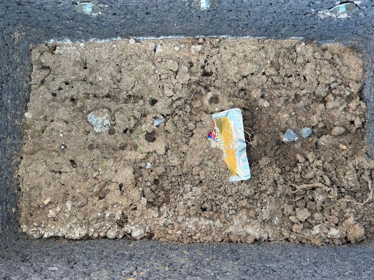alte Caprisonne-Packung liegt in der Erde