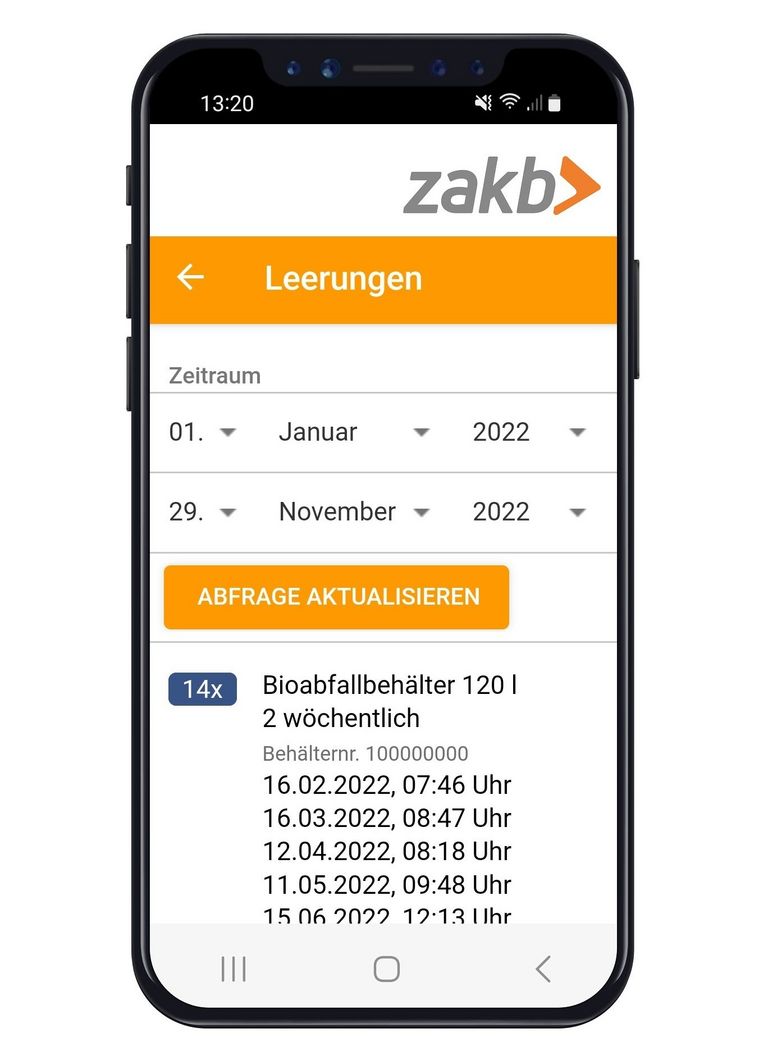 Die kostenfreie ZAKB-App für iPhones und Android-Geräte informiert Sie über die Leerungen Ihrer Abfallbehälter und über vieles mehr. freigestelltes Smartphone, auf dem Bildschirm ZAKB-App