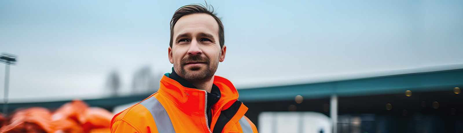 Mann in oranger Arbeitskleidung auf einem Wertstoffhof
